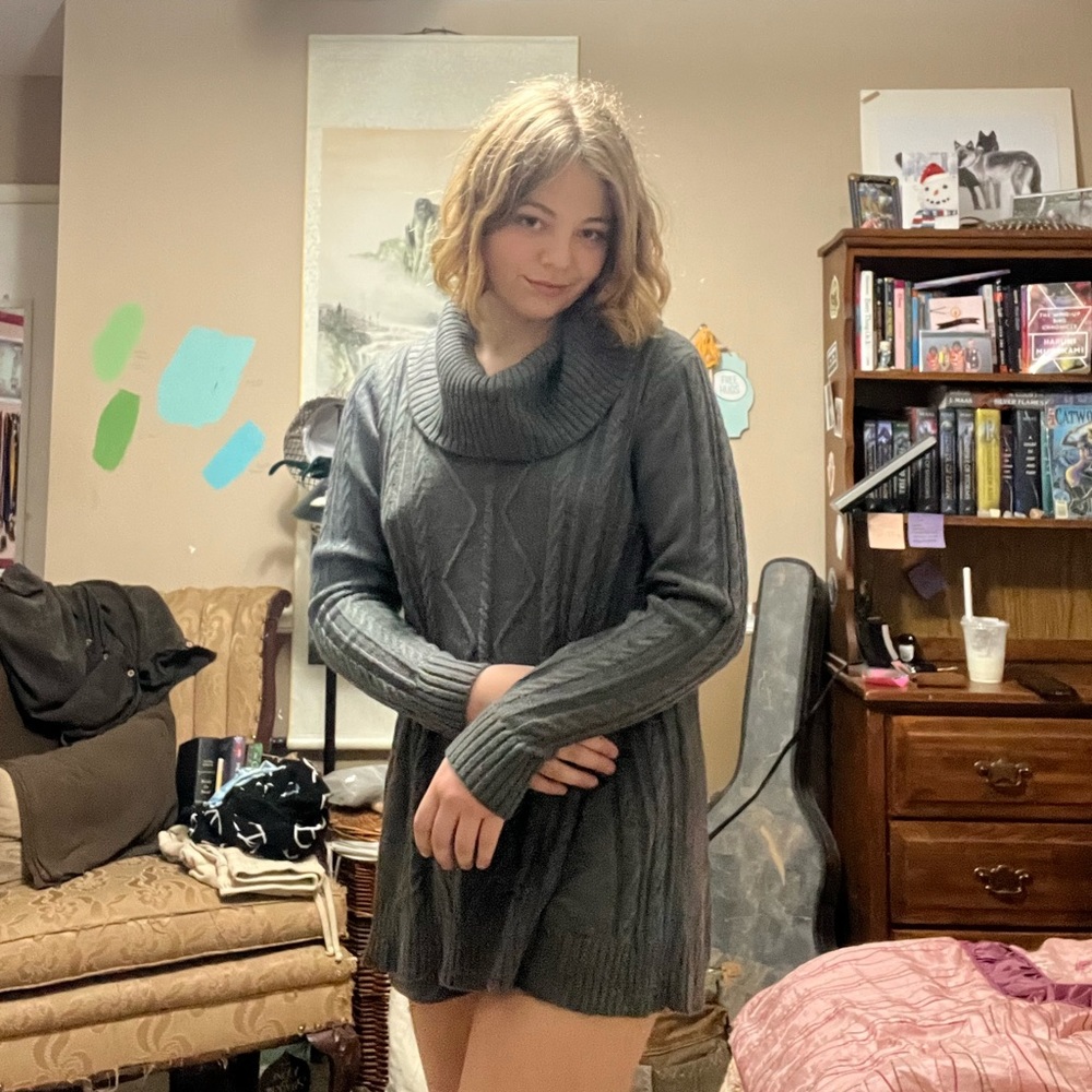 Grey long argyle cowl-neck sweater